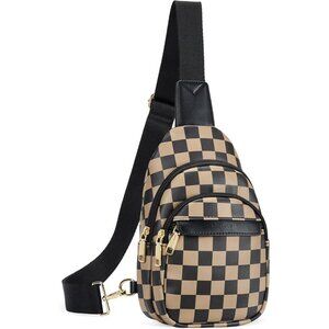 Women Checkered Coffee Imported Leather Small Crossbody Chest Sling Travel Bag